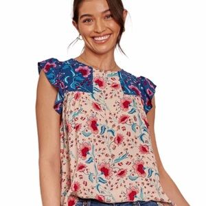 ANDREE BY UNIT Floral Ruffle Sleeve Blouse - Blue and Pink